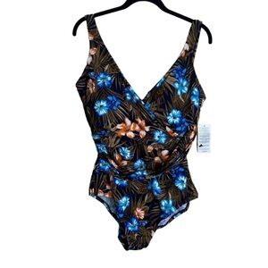 NWT Lands' End Deep Sea Navy Tropic Palm Wrap Style One Piece size 18